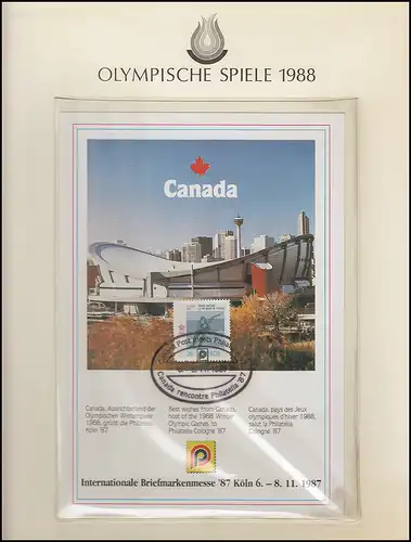 Jeux olympiques 1988 Calgary - Canada salue la Philatelia Cologne, 6-8.11.1987