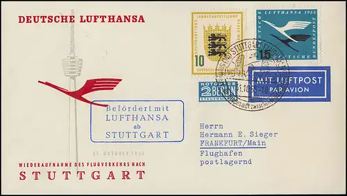 Luftpost Lufthansa Wiederaufnahme Inland Flugverkehr nach Stuttgart, 31.10.1955