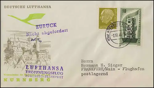 Vol d'ouverture Lufthansa reprise du trafic aérien vers Nuremberg le 7.10.1956
