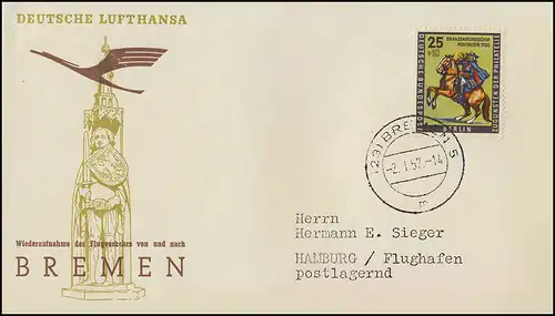 Vol d'ouverture Lufthansa reprise du trafic aérien à Brême, 2.1.1957