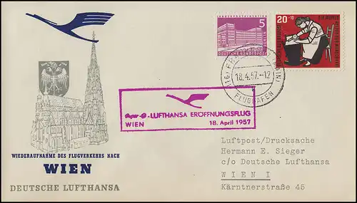 Vol d'ouverture Lufthansa à Vienne, Francfort (Main) 18.4.1957/ Vienne 18.4.1957