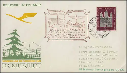 Vol d'ouverture Lufthansa Liban Beyrouth, Munich 12.9.1956/ Beyrouth 15.9.56