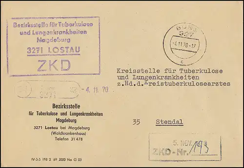 Lettre ZKD Département de la tuberculose Lostau, Postelle 34 Château 3271 BURG 4.11.1970