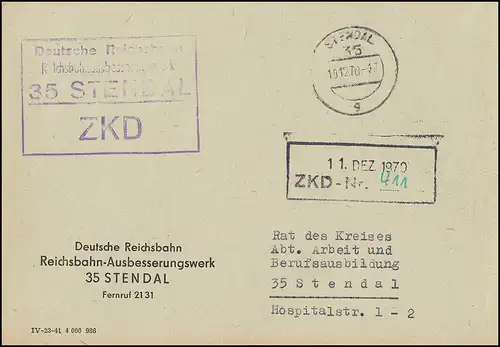 Lettre de ville du ZKD Deutsche Reichsbahn Reisbührungswerk STENDAL 10.12.70
