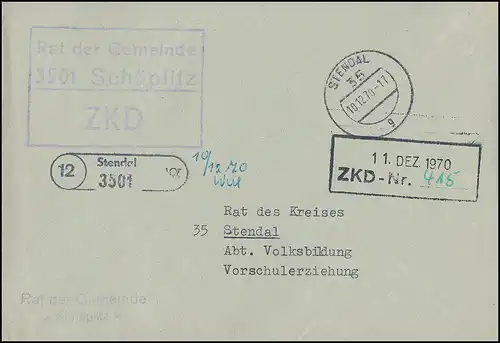 Lettre du ZKD Conseil de la municipalité de Schäplitz Bureau de poste 12 Stendal 3501,STENDAL 10.12.70