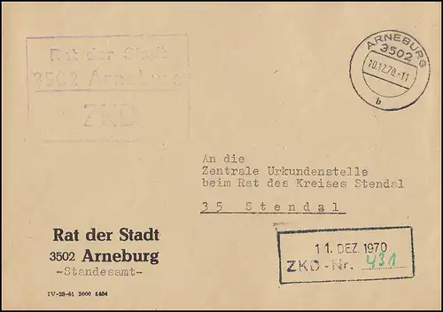 Lettre du ZKD Conseil de la ville d'ARNEBURG 10.12.70 n le Conseil du district de STENDAL 10/12/70