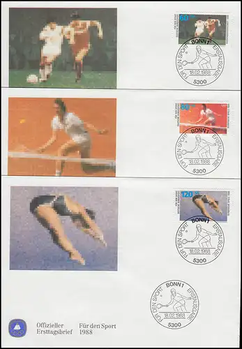 1353-1355 Fußball Tennis Kunstspringen 1988: Sporthilfe-FDC ESSt Bonn 18.2.88