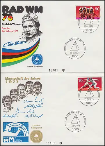 567-568 Cyclisme et escrime 1978: Aide sportive-FDC ESSt Berlin 13.4.78