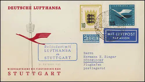 Luftpost Lufthansa Wiederaufnahme Inland, Stuttgart/ Düsseldorf 31.10./1.11.1955