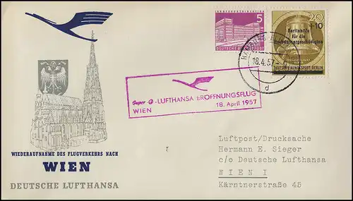 Vol d'ouverture Lufthansa à Vienne, Hambourg 18.4.1957/ Vienne 101 18.4.1957