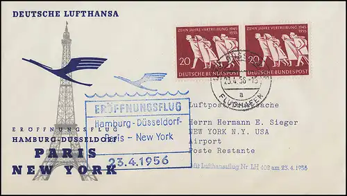 Vol d'ouverture Lufthansa LH 402 New York, Düsseldorf 23.4.1956/ New-York 24.4.56