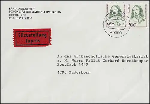 1433 Frauen Fanny Hensel 300 Pf - waagerechtes Paar auf Eil-Brief BORKEN 29.3.93