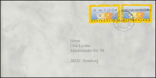 3.2 Posthörner mit Balkenaufdruck Hamburg mit Zusatzfr. auf Brief Februar 2001