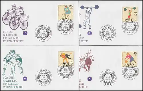 1499-1502 Gewichtheben Radfahren Basketball Ringen 1991 Sporthilfe-FDC ESSt Bonn