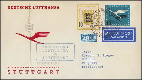 Luftpost Lufthansa Wiederaufnahme Flugverkehr nach Stuttgart am 31.10.1955