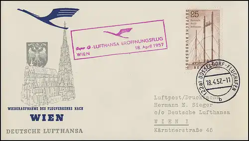 Vol d'ouverture Lufthansa à Vienne, Düsseldorf 18.4.1957/ Vienne 18.4.1957