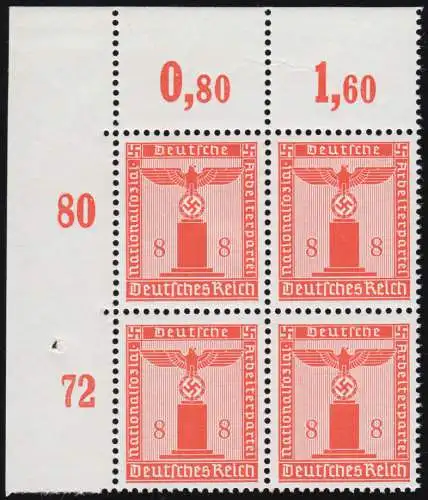 160y Marque de service 8 Pf. en bloc de quatre coins en haut à gauche, non plié, **