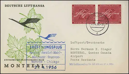 Eröffnungsflug Lufthansa LH 432 Montreal, Hamburg 27.4.1956 / Montreal 28.4.56