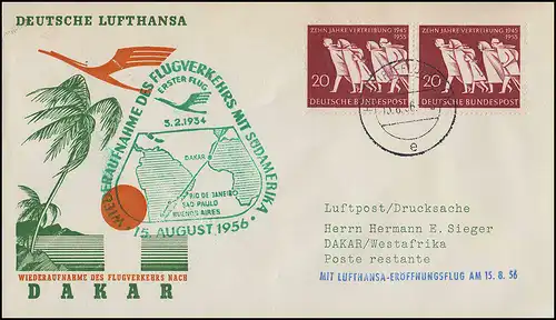 Vol d'ouverture Lufthansa Dakar, Hambourg 15.8.1956 / Da Kar Principal 16.8.156