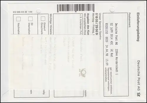 ATM 2.2.1. Olivetti PIA 510 EF FDC NoorderSTEDT 24.4.98 avec billet et reçu électronique