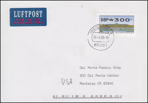 ATM 2.2.1. Nagler PIA 300 EF Lp-FDC in die USA INGOLSTADT 24.4.98 mit Quittung