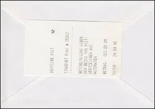 ATM 2.2.1. Nagler PIA 300 EF Lp-FDC vers les États-Unis INGOLSTADT 24.4.98 avec reçu