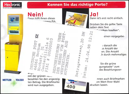 2.2.2 METTLER PIA Marque unique sur carte spéciale ESSt BOCHUM 24.4.1998 avec reçu