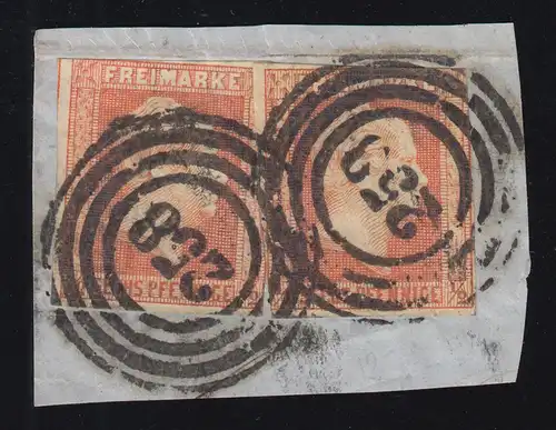 Preußen 1 Freimarke, zweimal auf Briefstück Vierring-O 258, geprüft Brettl BPP