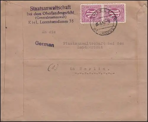 23 AM-Post MeF sur lettre Ministère public KIEL REICHSPOST 5.4.46 à Berlin