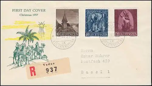 Liechtenstein 362-364 Weihnachten 1957 Satz auf Schmuck-R-FDC VADUZ 16.12.57