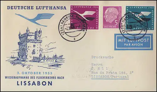 Vol d'ouverture Lufthansa Lisbonne, Hambourg 2.10.1955 / Lisboa 3.10.55