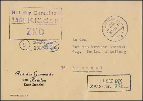 ZKD-Brief Rat der Gemeinde Kläden / Postelle 8 Stendal 3501, STENDAL 10.12.70