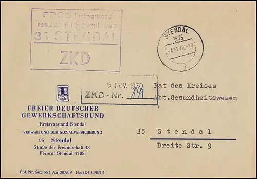 ZKD-Ortsbrief FDGB Kreisvorstand Verwaltung Sozialversicherung STENDAL 4.11.70
