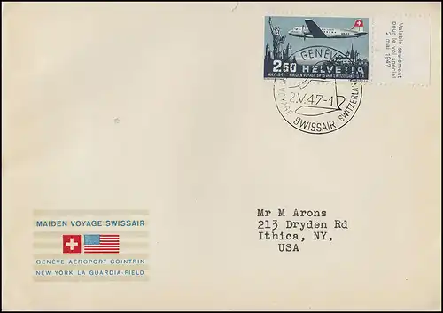 Schweiz 479 Erstflug der Swissair auf Schmuck-FDC ESSt Genf 2.5.1947 in die USA