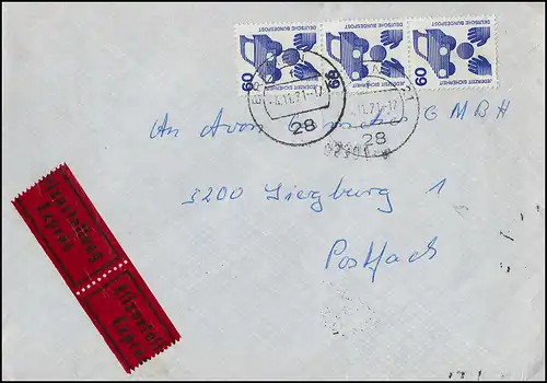 701a Unfall 60 Pf. Dreierstreifen mit schwarzer Nummer Eil-Brief BREMEN 4.11.71
