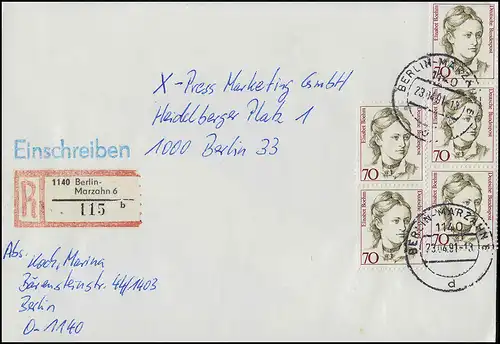 1489 Frauen 70 Pfennig 5-fach-Frankatur Orts-R-Brief BERLIN-MAHRZAHN 6 - 23.4.91