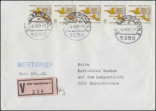 1535 SWK 170 Pf als 5er-Streifen mit Zählnummer auf Wert-FDC EUSKIRCHEN 4.6.91
