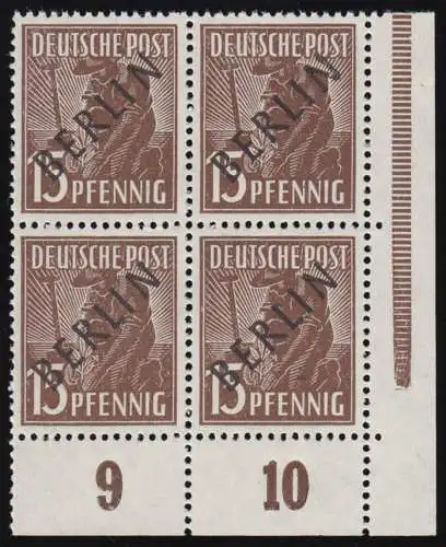 6 Schwarzaufdruck 15 Pf: ER-Viererblock unten rechts mit AF I, Feld 100, **