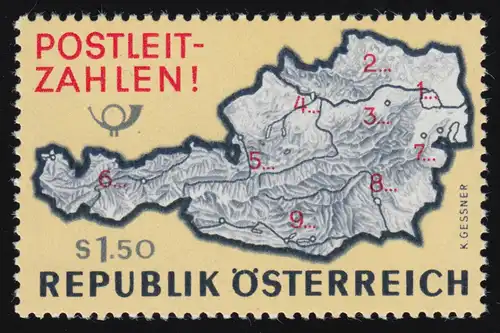 1201 Introduction des numéros de poste, carte Österr. avec zones de contrôle, 1.50 p. **