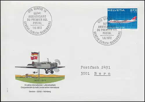 Suisse 968 Pro Aero 1972 - Vol officiel FDC Genève-Zürich-Nürnberg SSt 1.6.72