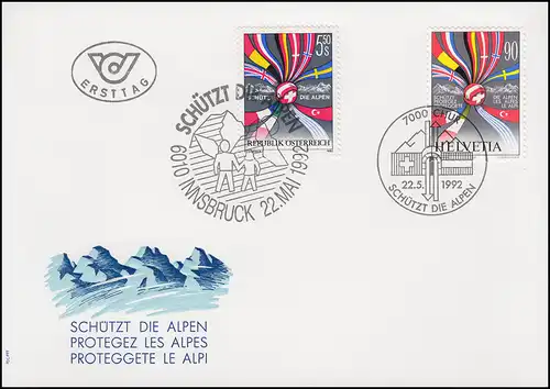 Suisse 1477 Protège les Alpes 1992, FDC I avec l'Autriche 2065