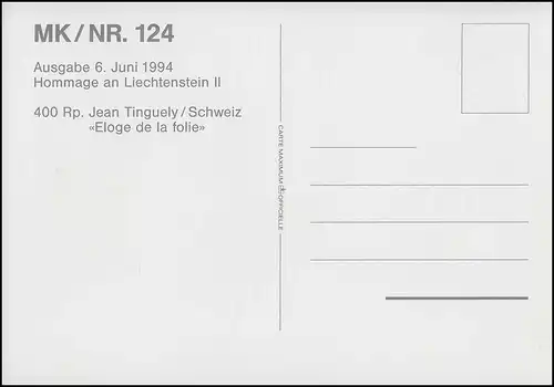 Liechtenstein 1084 Art contemporain - carte officielle maximum 124, VADUZ 1994