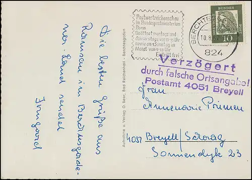 Verzögert durch falsche Ortsangabe! Postamt 4051 Breyell: Stempel auf AK 10.8.62