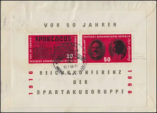 Bloc 25 Spartakusbund rs. sur lettre SSt STENDAL Herz der Altmark 13.1.1966