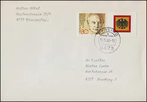 1159 Walter Scheel mit Zierfeld aus Block 18 als EF auf FDC PFREIMD 10.11.1982