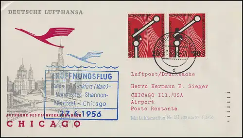 Vol d'ouverture Lufthansa LH 432 Chicago, Hambourg 27.4.1956 / Chicago 28.4.56