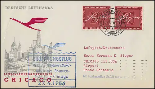 Eröffnungsflug Lufthansa LH 432 Chicago, Frankfurt 27.4.1956 / Chicago 28.4.56