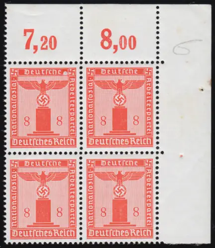 160y Marque de service 8 Pf. en bloc de quatre coins en haut à droite, non plié, **