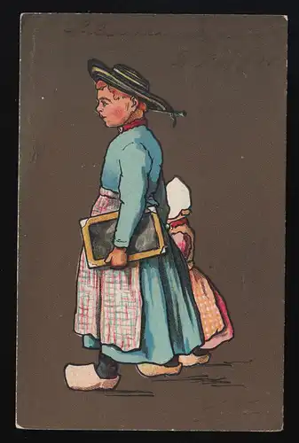 Chemin scolaire Pays-Bas Mère + fille Chaussures en bois Panneau d'ardoise Rotterdam 10.7.09