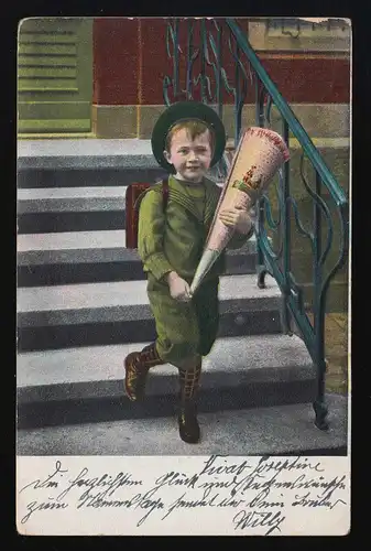 Photo couleur, Jeune sac scolaire Escaliers, Serie 1381 K.& B. Düsseldorf 18.3.12